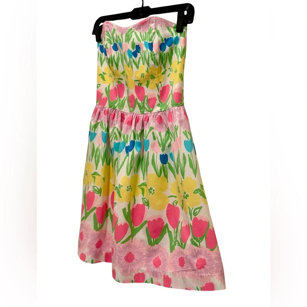 Lilly Pulitzer EUC Size 0 Pretty Yellow Pink Green Strapless Mini Sundress (616) - Picture 4 of 13
